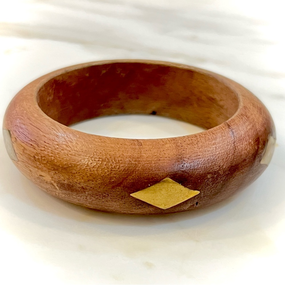 Wood & Brass Inlay Bangle Bracelet Boho Vintage VTG Diamond Shape